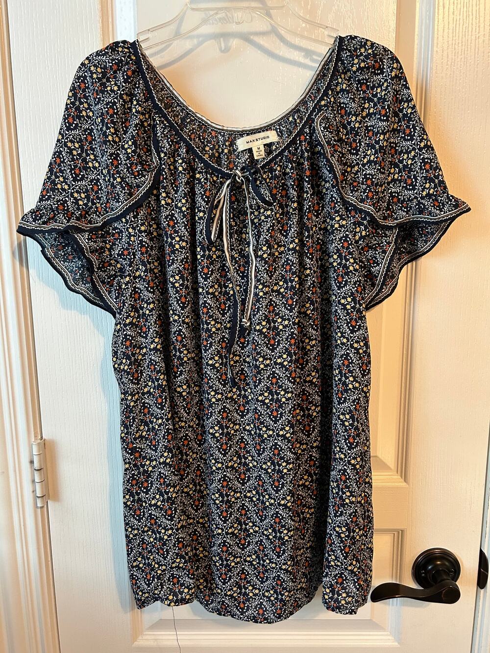 Max Studio Navy Floral Printed Flutter Sleeve Peasant Blouse